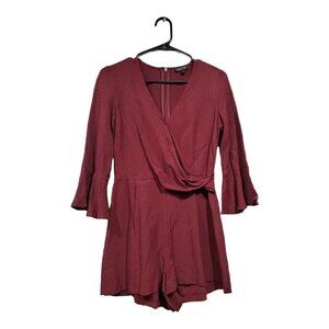 Top Shop Women's Wrap Front V-Neck Romper Maroon Spotted Bell-Sleeved Jumper 4